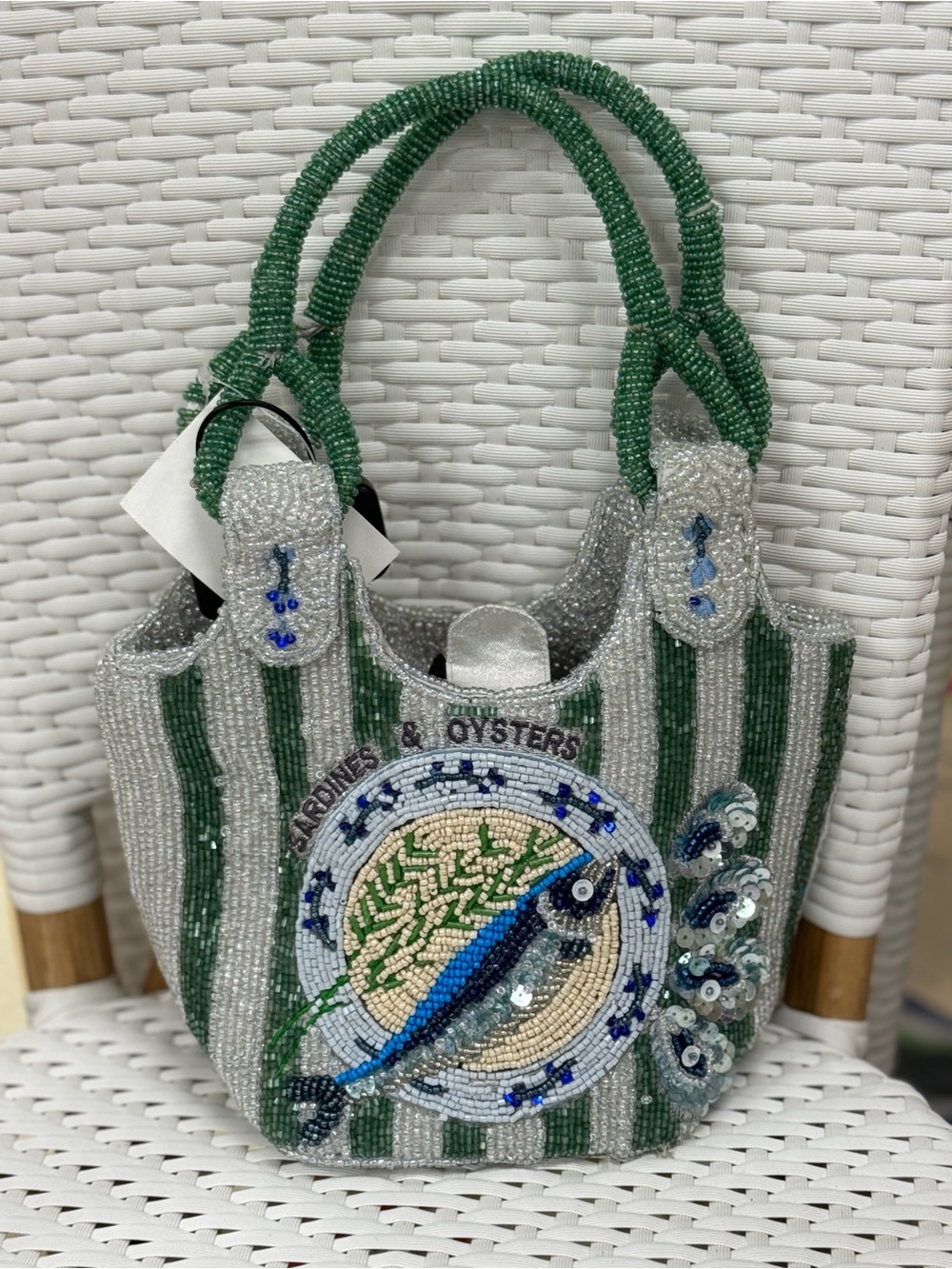 Beaded Green & Silver Striped Tote with Seafood Medallion